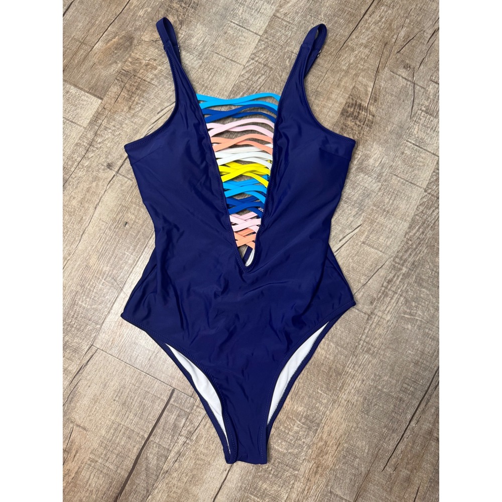 Cupshe Womens Rainbow Cage Strap Plunge One Piece Swimsuit Navy Blue Size S NWT